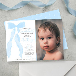 Little Sweetheart Elegant Blue Bow Birthday Photo Inbjudningar