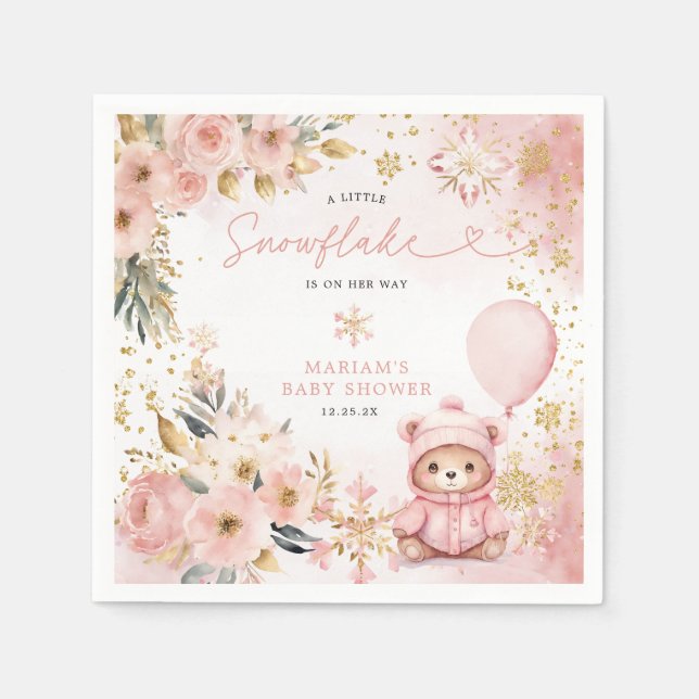 Little Sweetheart Pink Floral Bear Baby Shower  Pappersservett (Framsidan)
