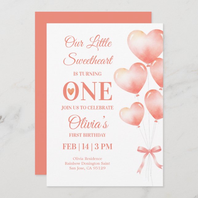 Little Sweetheart Turns One Baby Girl Invitation Inbjudningar (Fram/baksida)