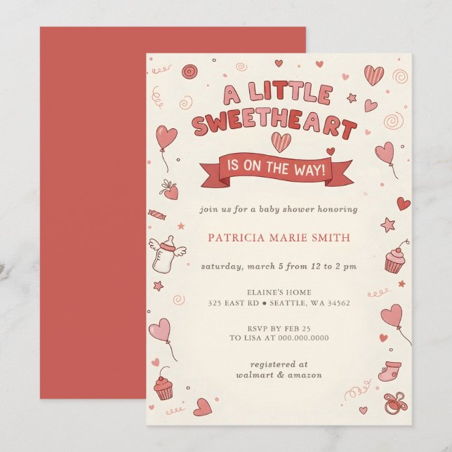 Little Sweetheart Valentines Baby Shower Inbjudningar (Fram/baksida)