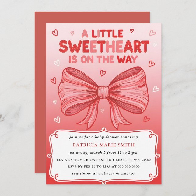 Little Sweetheart Valentines Bow Baby Shower Inbjudningar (Fram/baksida)