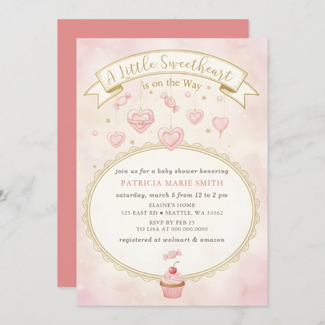 Little Sweetheart Valentines Girl Baby Shower Inbjudningar (Fram/baksida)