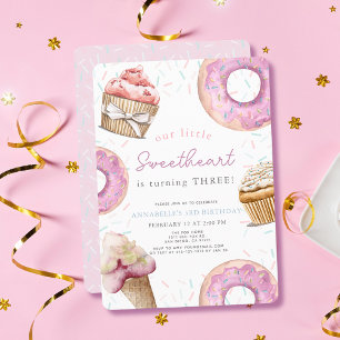Little Swehoney Rosa Cupkaka & Donut Birthday Inbjudningar