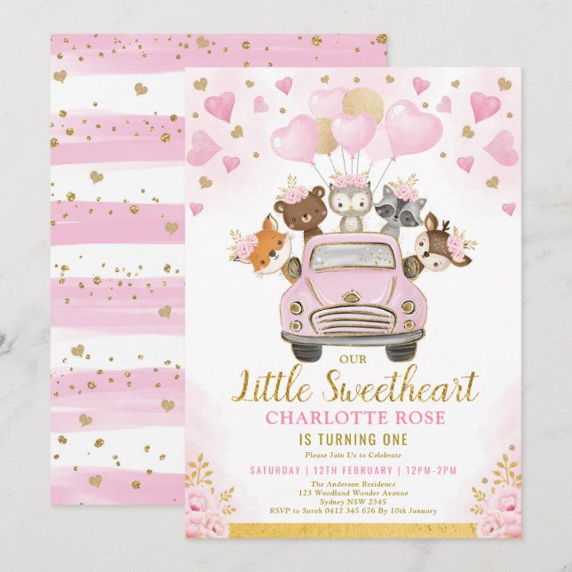 Little Swehoney Woodland Animals Girl Birthday Inbjudningar (Fram/baksida)