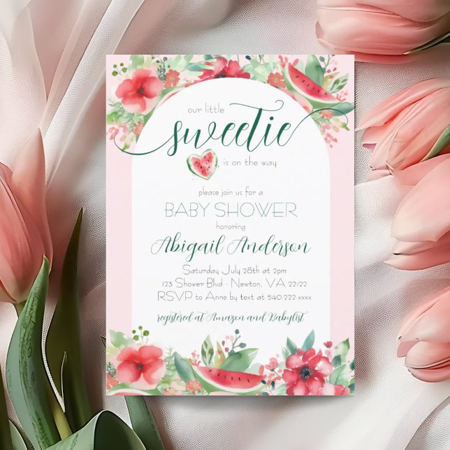 Little Sweota Rosa Watermelon Blommigt Baby Shower Inbjudningar (Little Sweetie Watermelon Floral Baby Shower Invitation)