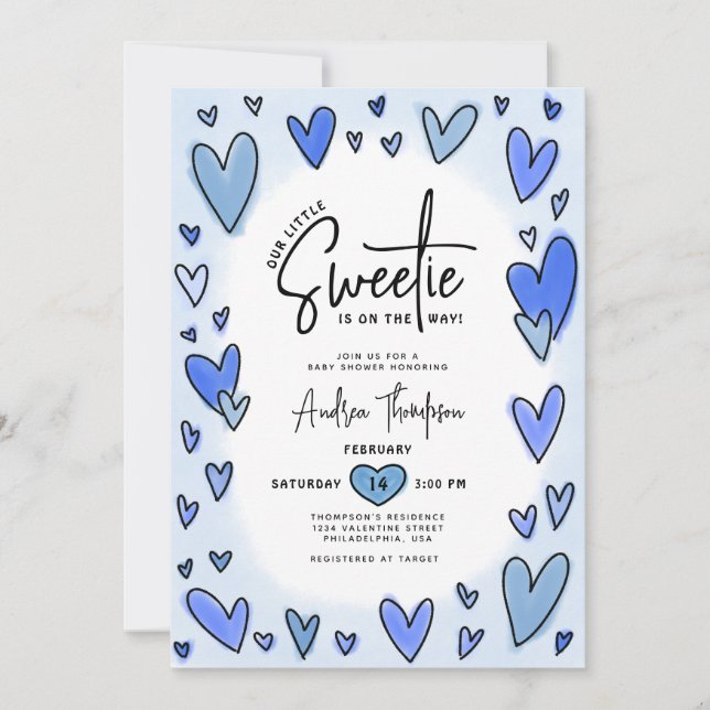 Little Sweota Valentine Hearts Blue Baby Shower Inbjudningar (Framsida)