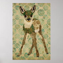 Little Teal Blommigt Fawn Art Poster