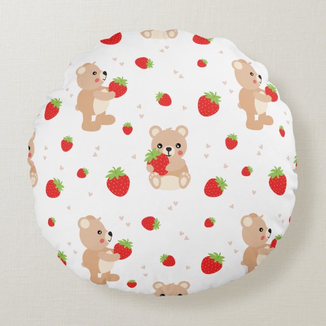 Little teddy bear with strawberry rund kudde (Framsidan)