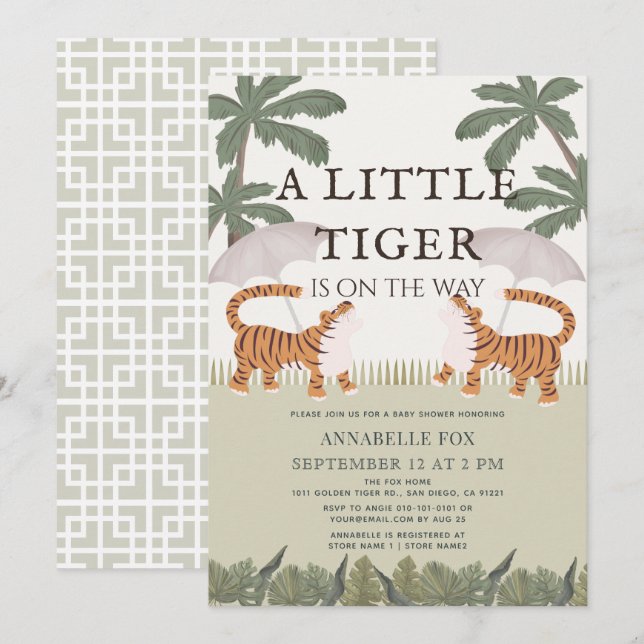 Little Tiger chinoiserie Chic Grönt Baby Shower Inbjudningar (Fram/baksida)