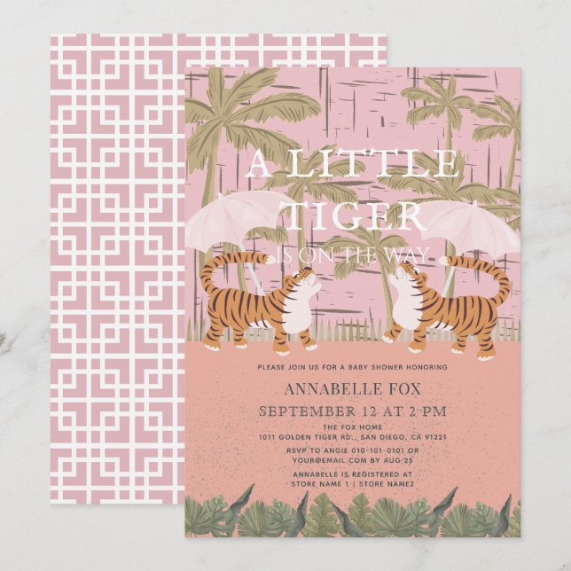 Little Tiger chinoiserie Chic Rosa Baby Shower Inbjudningar (Fram/baksida)