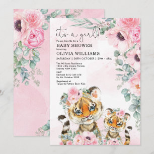 Little Tiger Rosa Blommigt Greenery Girl Baby Show Inbjudningar