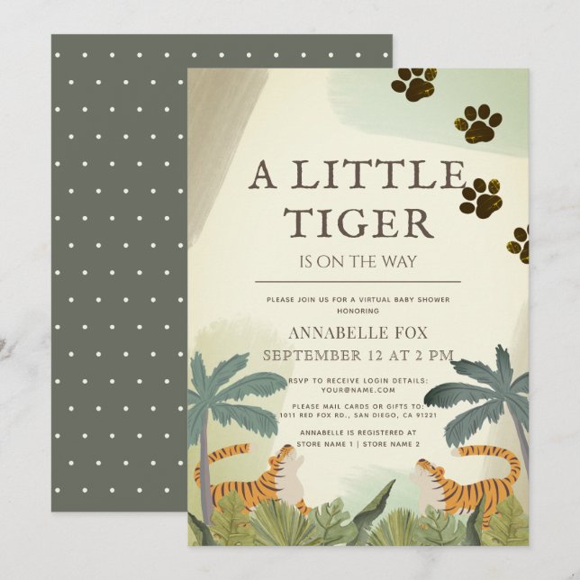 Little Tiger Safari Jungle Virtuell Baby Shower Inbjudningar (Fram/baksida)