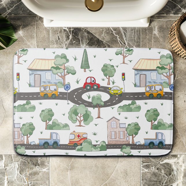 Little Town & Cars Colorful Mönster Badrumsmatta (Skapare uppladdad)