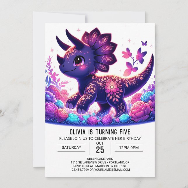 Little Triceratops Dinosaur Digital Birthday Inbjudningar (Framsida)