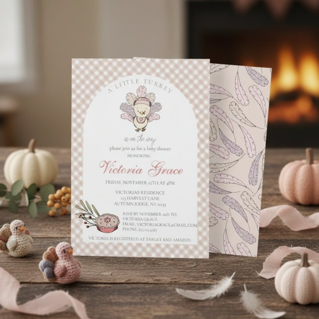 Little Turkey Autumn Girl Baby Shower Inbjudningar (Cute Autumn Little Turkey Thanksgiving & November Baby Shower Invitations for Mother to Be for Fall)