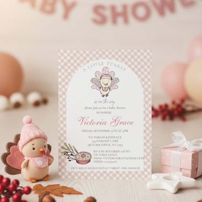 Little Turkey Autumn Girl Baby Shower Inbjudningar (Cute Autumn Little Turkey Thanksgiving & November Baby Shower Invitations for Mother to Be for Fall)