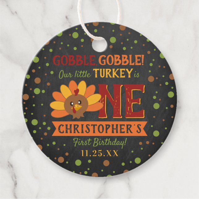 Little Turkey Fall Thanksgiving 1st Birthday Gåvor Etiketter (Framsida)