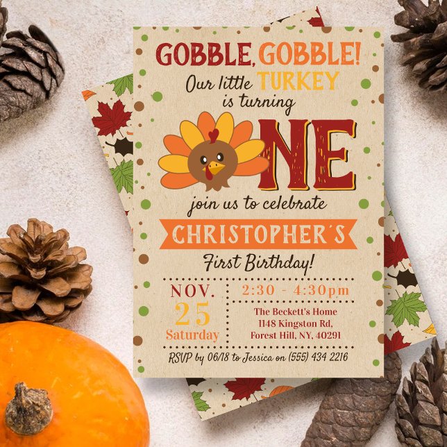 Little Turkey Fall Thanksgiving 1st Birthday Inbjudningar (Skapare uppladdad)