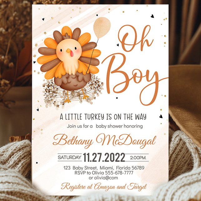 Little Turkey Thanksgiving Baby Shower Personalize Inbjudningar (Little Turkey On The Way! Thanksgiving baby shower favor tags with turkey design, warm autumn colors)