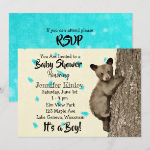 Little Unge Bear Teal and Tan Boy's Baby Shower Inbjudningar