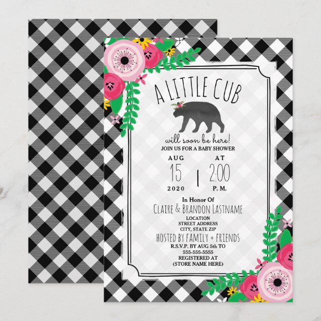Little Unge Play Black + White Girly Baby Shower Inbjudningar (Fram/baksida)