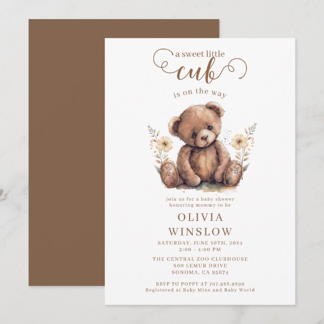 Little Unge Watercolor Nalle Baby Shower Inbjudningar (Fram/baksida)