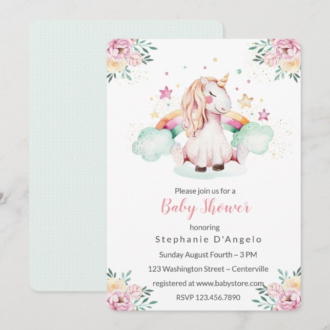 Little Unicorn Baby Shower-inbjudan Inbjudningar (Fram/baksida)