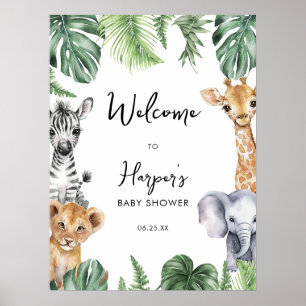 Little Vild One Safari Baby Shower Välkommen Sign Poster