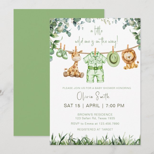 Little Vild One Safari Cute Animals Baby Shower Inbjudningar (Fram/baksida)