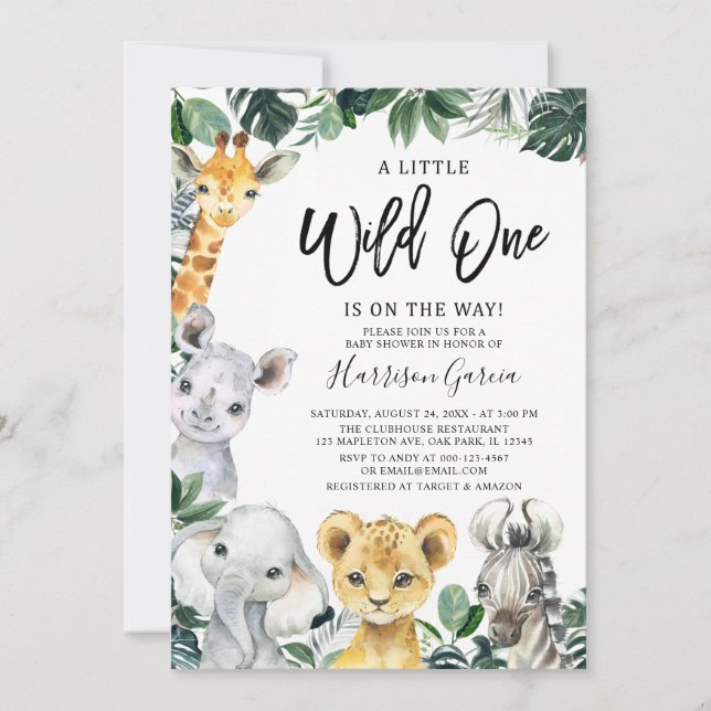 Little Vild One Safari Jungle Animals Baby Shower Inbjudningar (Framsida)