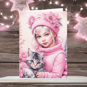 Little Vintage Girl and Sweet Kitten Joyeux Noël Kort