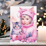 Little Vintage Girl and Sweet Kitten jul Kort<br><div class="desc">Söt helgdag julkort med vattenfärg. Den lilla vintage tjejen på vintern med katt öron som håller lite grått-randig kattunge.</div>
