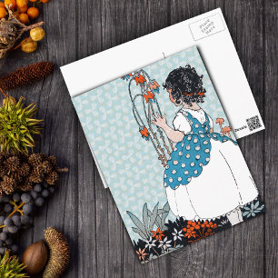 Little Vintage Girl Black Curls in Flowers Vykort
