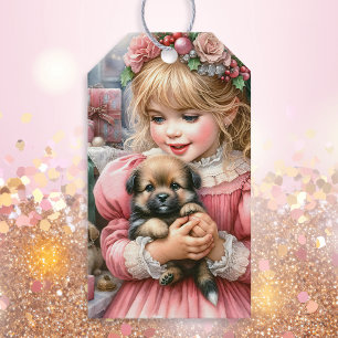 Little Vintage Girl in Rosa with Puppies jul Presentetikett