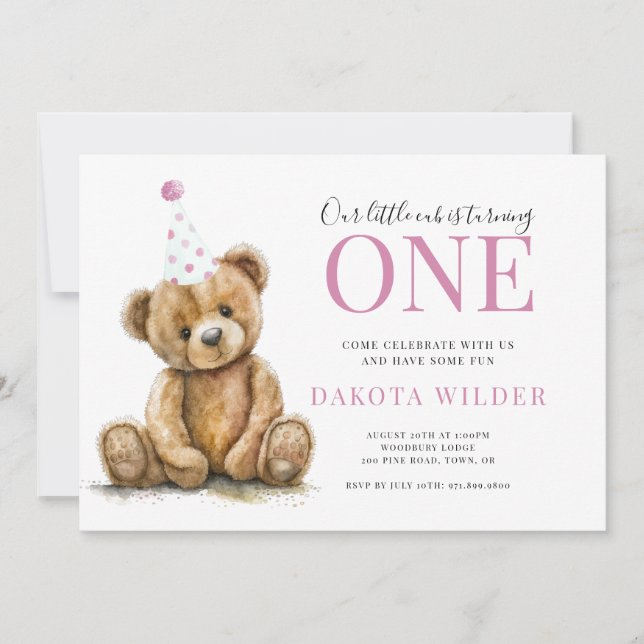 Little Watercolor Nalle Girl 1st Birthday Inbjudningar (Framsida)