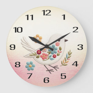Little White Bird Blommigt Wall Clock Stor Klocka