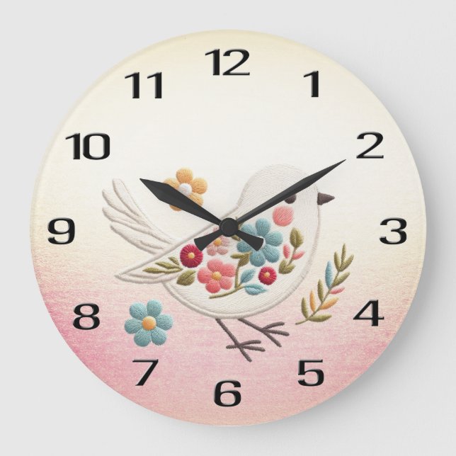 Little White Bird Blommigt Wall Clock Stor Klocka (Framsida)