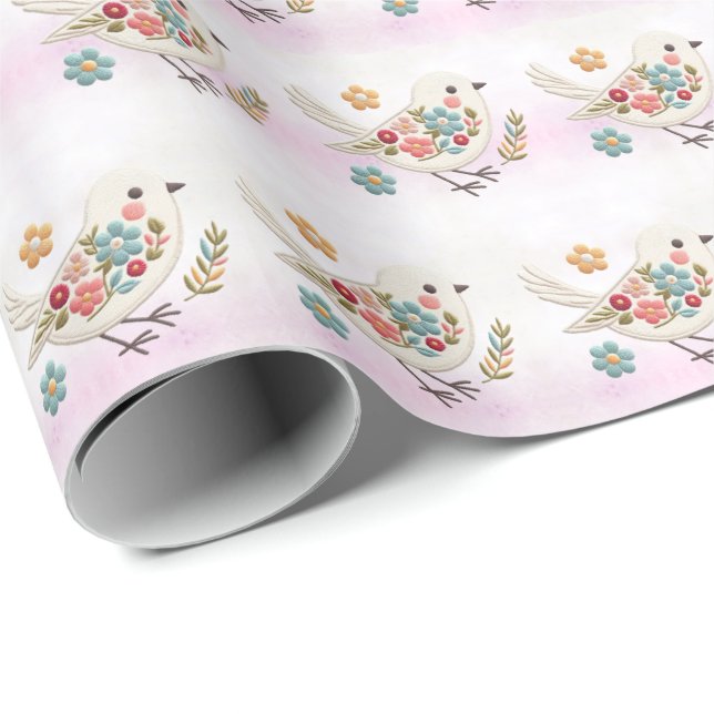 Little White Bird Blommigt Wrapping Papper Presentpapper (Rullad Hörn)