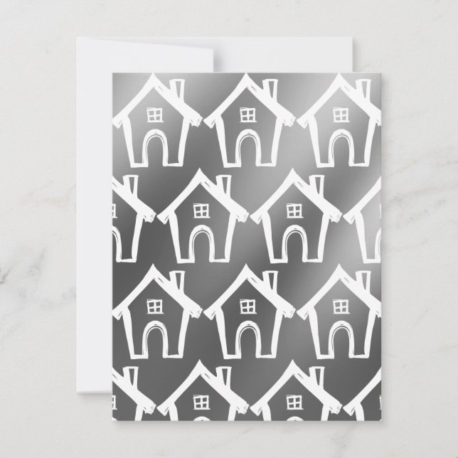 Little White Houses Silver Grått Ny adress Card Inbjudningar (Framsida)