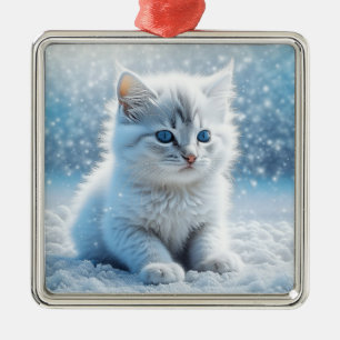 Little White Kitten i Snö jul Julgransprydnad Metall
