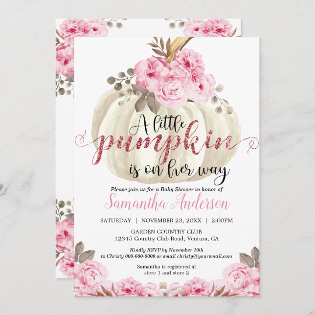 Little White Pumpkin Rosa Blommigt Baby Shower Inbjudningar (Fram/baksida)