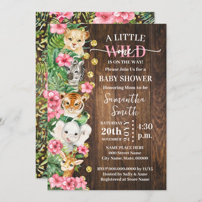 Little Wild One Rustic Safari Pink Baby Shower Inbjudningar (Fram/baksida)
