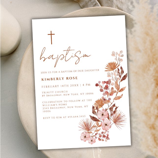 Little WildblomBoho Terracotta Baptism Inbjudningar (Little Wildflower Boho Terracotta Baptism Invitation)