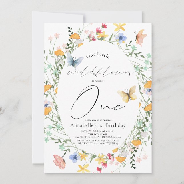 Little WildblomButterfly Oval Girl 1st Birthday Inbjudningar (Framsida)