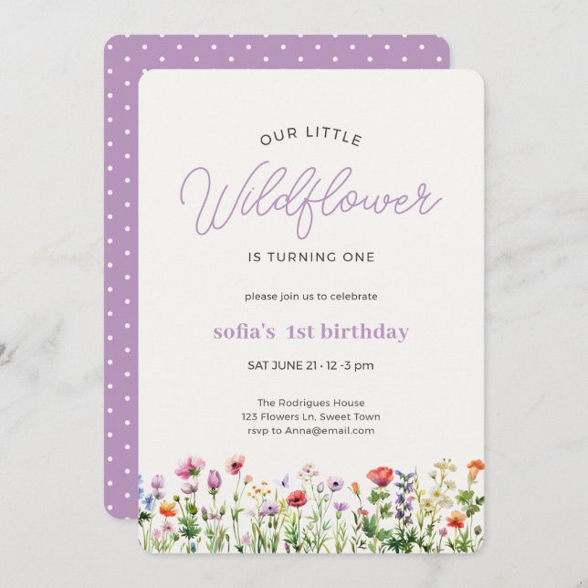 Little WildblomGirl 1:a födelsedagsinbjudan Inbjudningar (Fram/baksida)