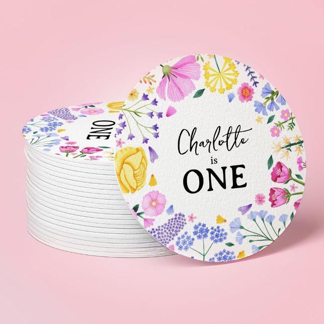 Little WildblomGirl 1st Birthday Blommigt Underlägg Papper Rund (Spring Wildflowers Garden Party Round Paper Coaster)