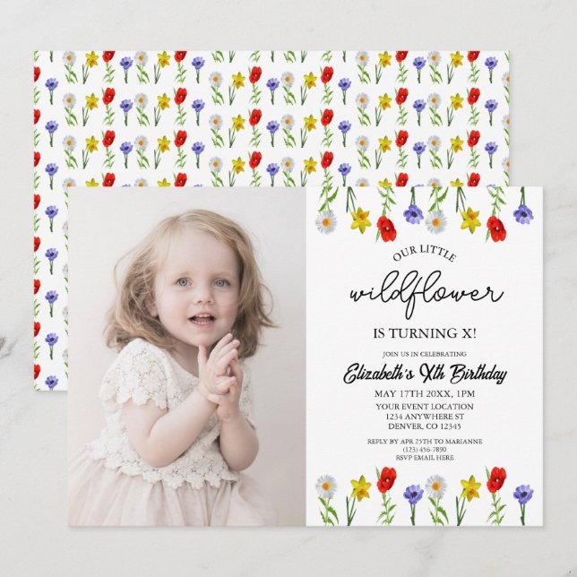 Little WildblomKids Girl Birthday Inbjudningar (Fram/baksida)