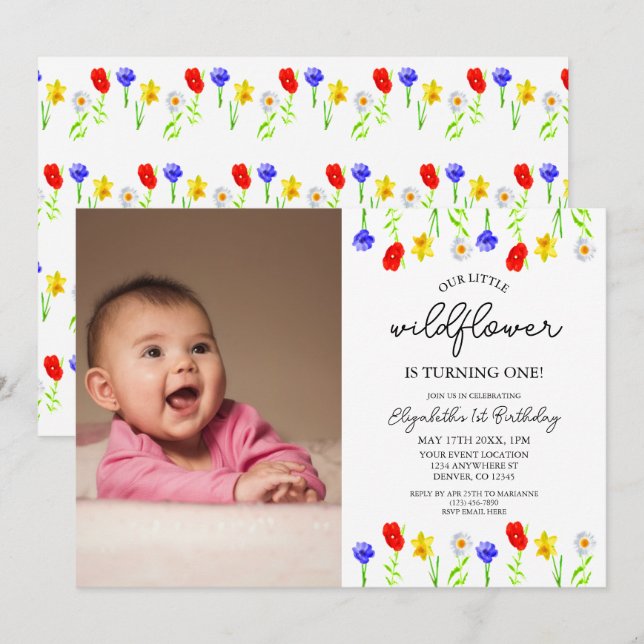 Little Wildblomma 1st Birthday Inbjudningar (Fram/baksida)
