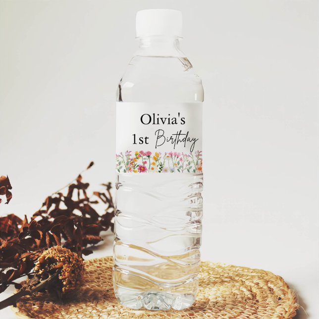 Little Wildblomma 1st Girl Birthday Vattenflaskor Etikett (Skapare uppladdad)