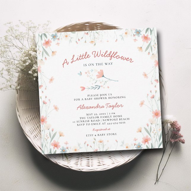 Little Wildblomma Coral Teal Cute Girl Baby Shower Inbjudningar (little wildflower baby girl shower invitation cottage garden watercolor pink teal tiny flowers boho )